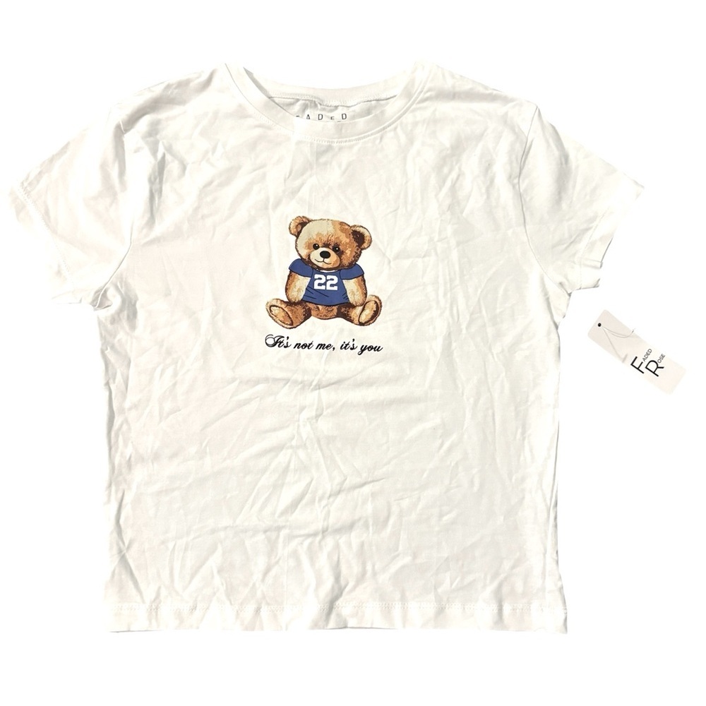 Faded Rose White Teddy Bear Cropped T Shirt Small NWT